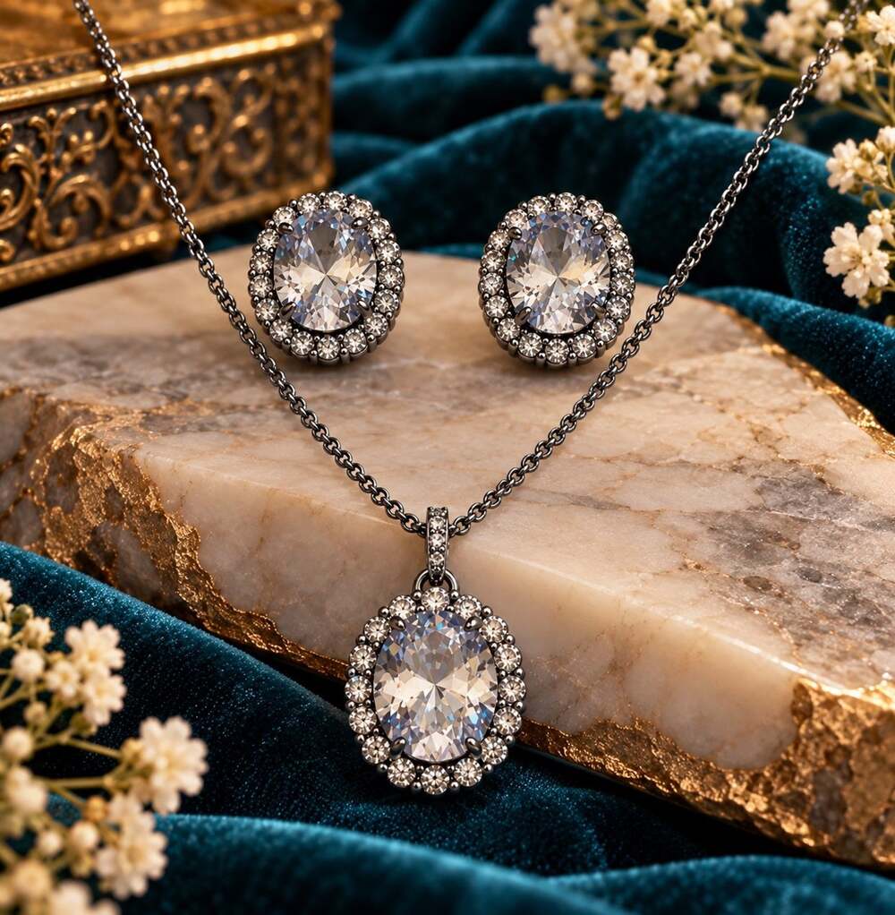 Bomb Party Gem Society 2424 Set - Necklace and Earring Set - Diamond on Hematite